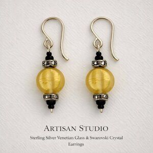 Artisan Sterling Silver Swarovski Crystal 24K Gold Lined Venetian Glass Earrings